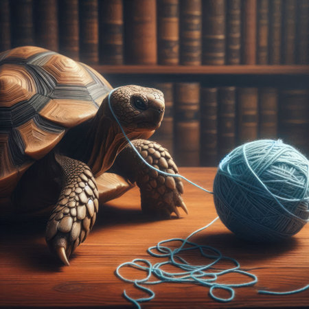 Turtle with a ball of yarn against the background of bookshelvesの素材