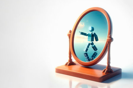 A cubist figurine of a man in a wooden mirror on a light backgroundの素材