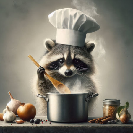 A raccoon chef in a hat prepares soup in the kitchen with vegetablesの素材