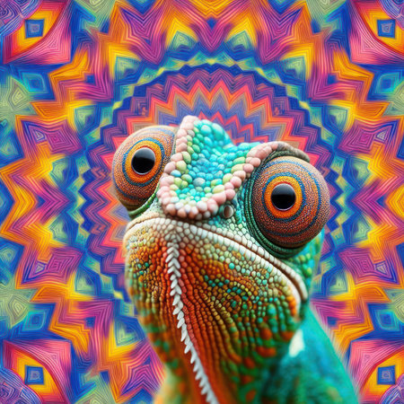 Portrait of a chameleon against a background of bright psychedelic patternsの素材