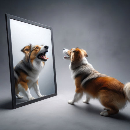 The dog looks at himself in the mirror and barks at the reflectionの素材