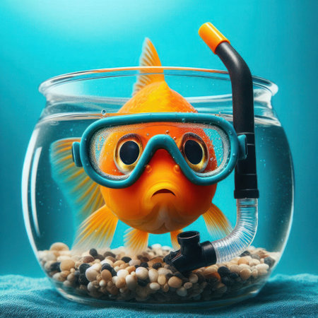 Goldfish in an aquarium with a snorkeling mask, humorous styleの素材