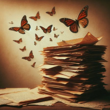 A stack of old letters from which butterflies, vintage, and memories fly outの素材
