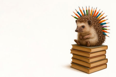 A hedgehog with pencils instead of needles sits on a stack of books. Space for textの素材
