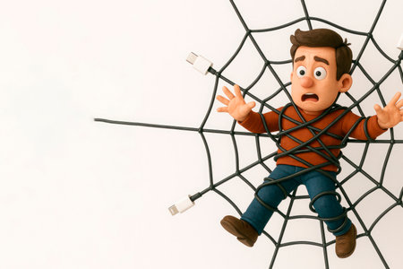 The man got entangled in a web of cables. Space for textの素材