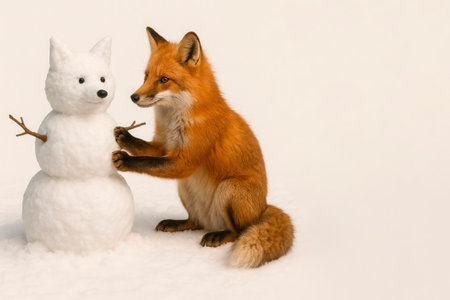 The fox sculpts a snow figure in the form of a fox. Space for textの素材