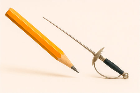 A pencil and a rapier facing each other. Space for textの素材