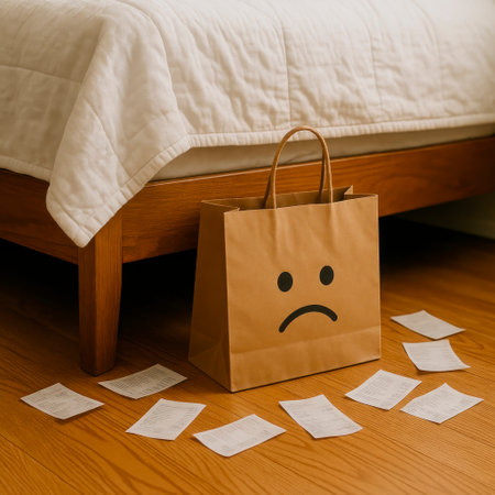 A sad paper bag is hidden under the bed among the checksの素材