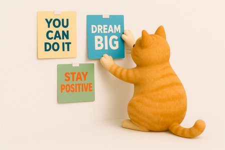 A ginger cat hangs motivational posters on the wallの素材