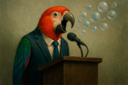 A parrot in a costume pronounces bubbles on the podiumの素材