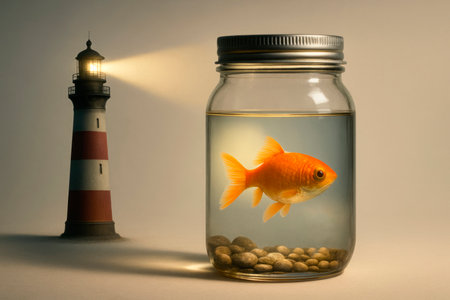 Goldfish aquarium lit by a lighthouseの素材