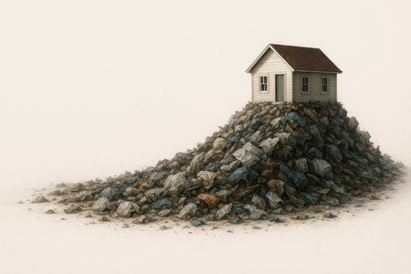 The house stands on top of a pile of rocks in the fog. Space for textの素材