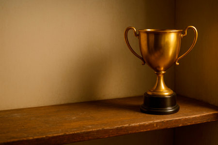 A gold trophy standing on a wooden shelf. Space for textの素材