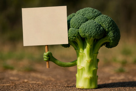 Broccoli with a protest poster Stop boiling us aliveの素材
