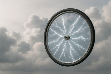 A wheel with electric lightning against the background of clouds. Space for textの素材