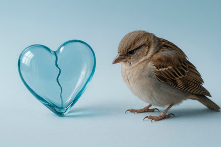 A sparrow next to a broken glass heartの素材