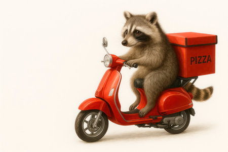 Raccoon pizza delivery man on a red scooter. Space for textの素材