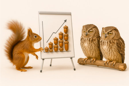 Squirrel gives a presentation of an acorn graph for two owlsの素材