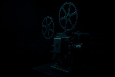 An old movie projector in a dark cinema hall. Space for textの素材
