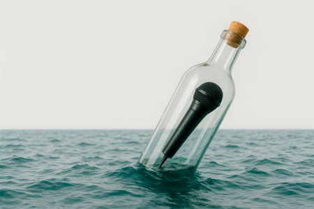 A microphone in a bottle floating on the sea like a message. Space for textの素材