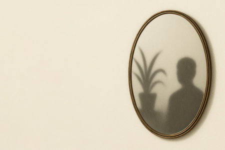 The mirror reflects the silhouette of a man with a plant. Space for textの素材
