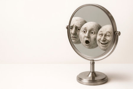 Reflection of different emotions on the surface of the moon in a mirror. Space for textの素材