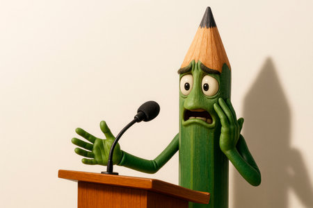 A green pencil with hands is nervous before speaking at the microphone. Space for textの素材