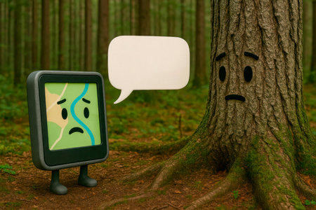 GPS navigator with a sad face talking to a tree in the forestの素材