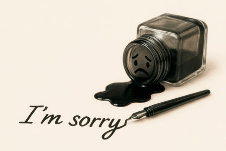 A sad inkwell spilled, writing I'm sorry. Space for textの素材