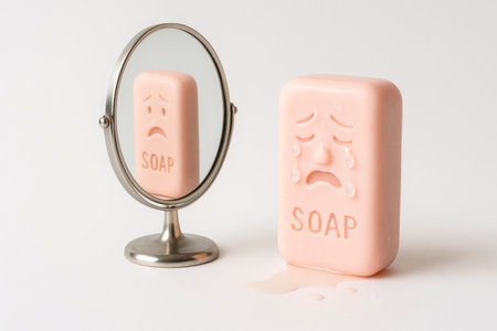 A crying soap dish looks at itself in the mirrorの素材