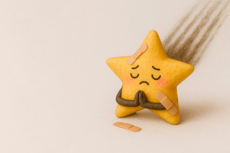 Shooting star with plasters on her body resting after falling. Space for textの素材