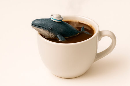 A whale in a sea cap swims in a cup of coffeeの素材