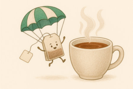 A tea bag with a parachute lands in a cupの素材