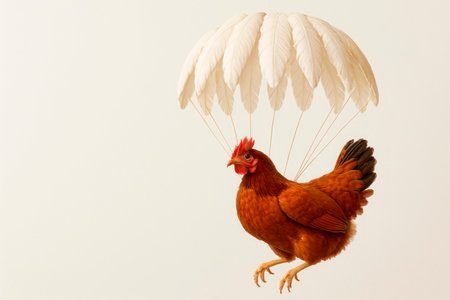 A chicken with a feather parachute on a light background. Space for textの素材