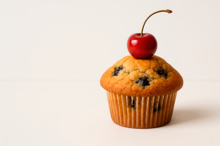 Muffin with cherries instead of decoration. Space for textの素材