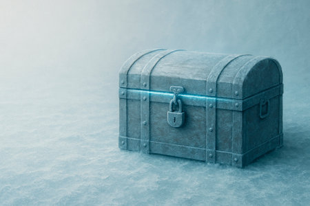 A closed frost chest with a lock in an icy space. Space for textの素材