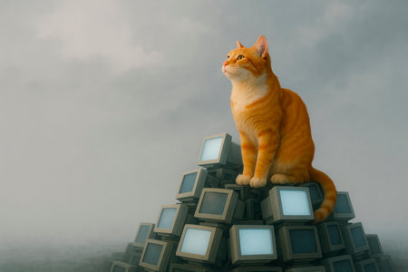 An orange cat sits on a pile of old CRT monitors against a background of fog. Space for textの素材