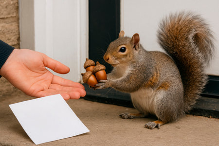 A squirrel pays a person with acorns. Space for textの素材