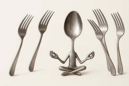 The spoon meditates surrounded by arguing forksの素材