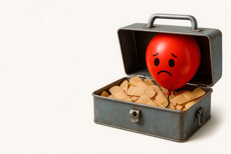 A sad balloon in a first-aid kit with plasters. Space for textの素材