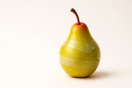 A pear wrapped in transparent tape. Space for textの素材