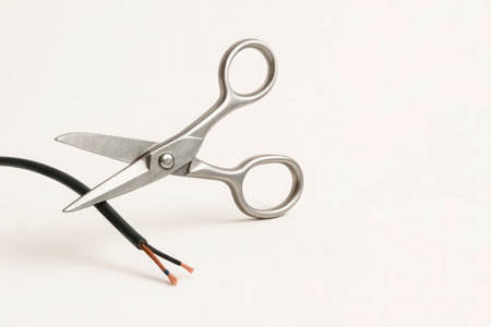 Photorealistic scissors cutting electrical cable. Space for textの素材