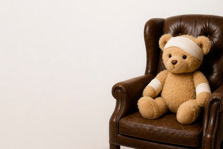 Teddy bear with bandages on a leather chair. Space for textの素材