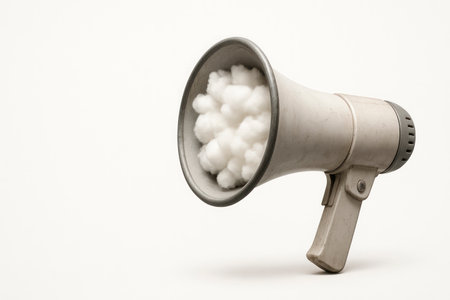 Instead of sound, the megaphone releases a heap of white clouds. Space for textの素材