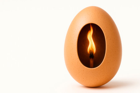 A photorealistic egg with a match inside, blazing with fire. Space for textの素材