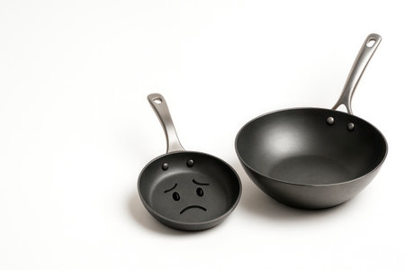 A small frying pan is sad next to a large frying pan. Space for textの素材