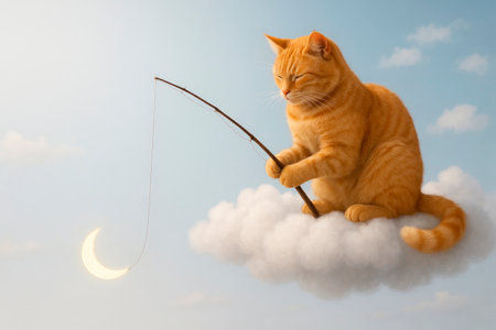 A ginger cat sits on a cloud and catches the moonの素材