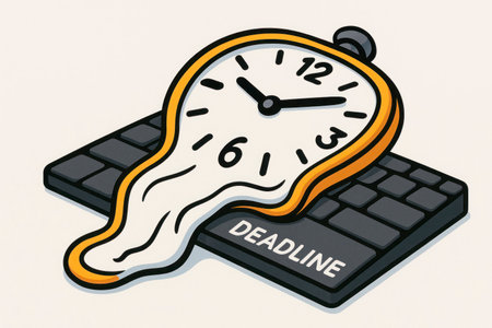 A melted watch on the keyboard with the word Deadline. Space for textの素材