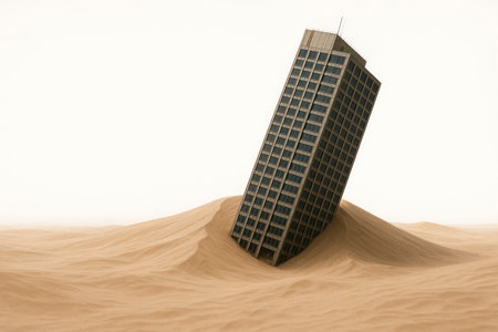 A tall building immersed in the sand dunes of the desert. Space for textの素材