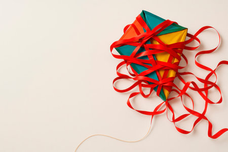A multi-colored kite entangled in red ribbons. Space for textの素材